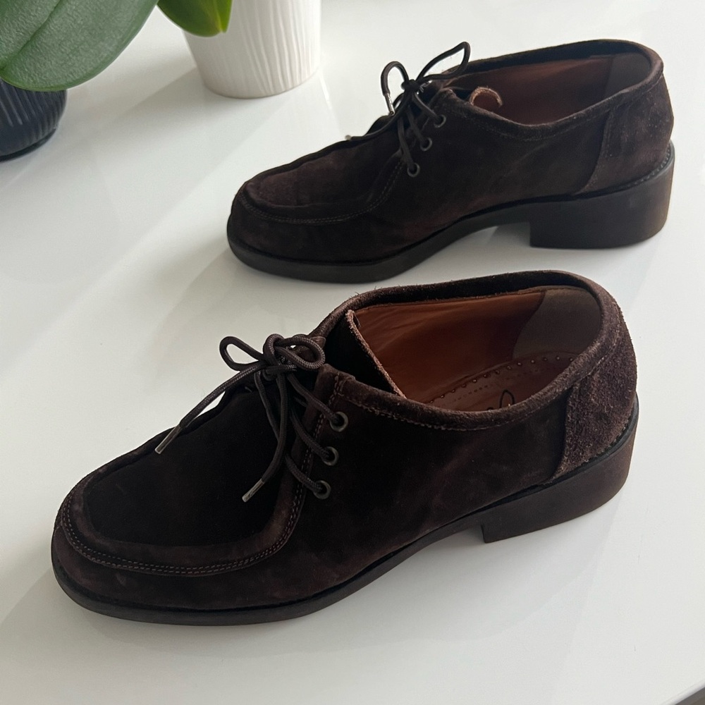 RARE VINTAGE Joan Helpern Brown Suede Laced Loafers Derbys 90s Y2K Joan & David - Picture 3 of 11